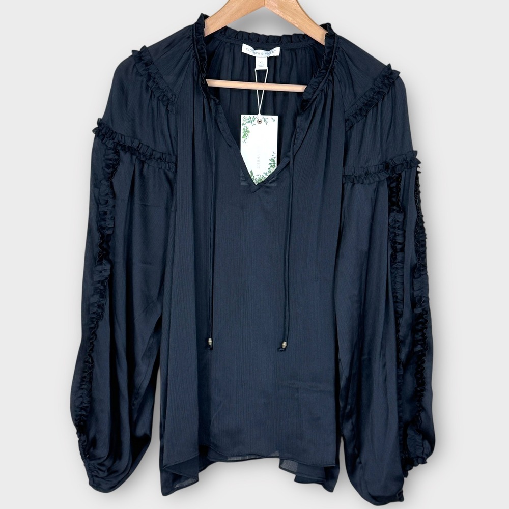 Chelsea & Violet Sheer Black Ruffle Trim Long Balloon Sleeve Blouse Top Shirt XL
